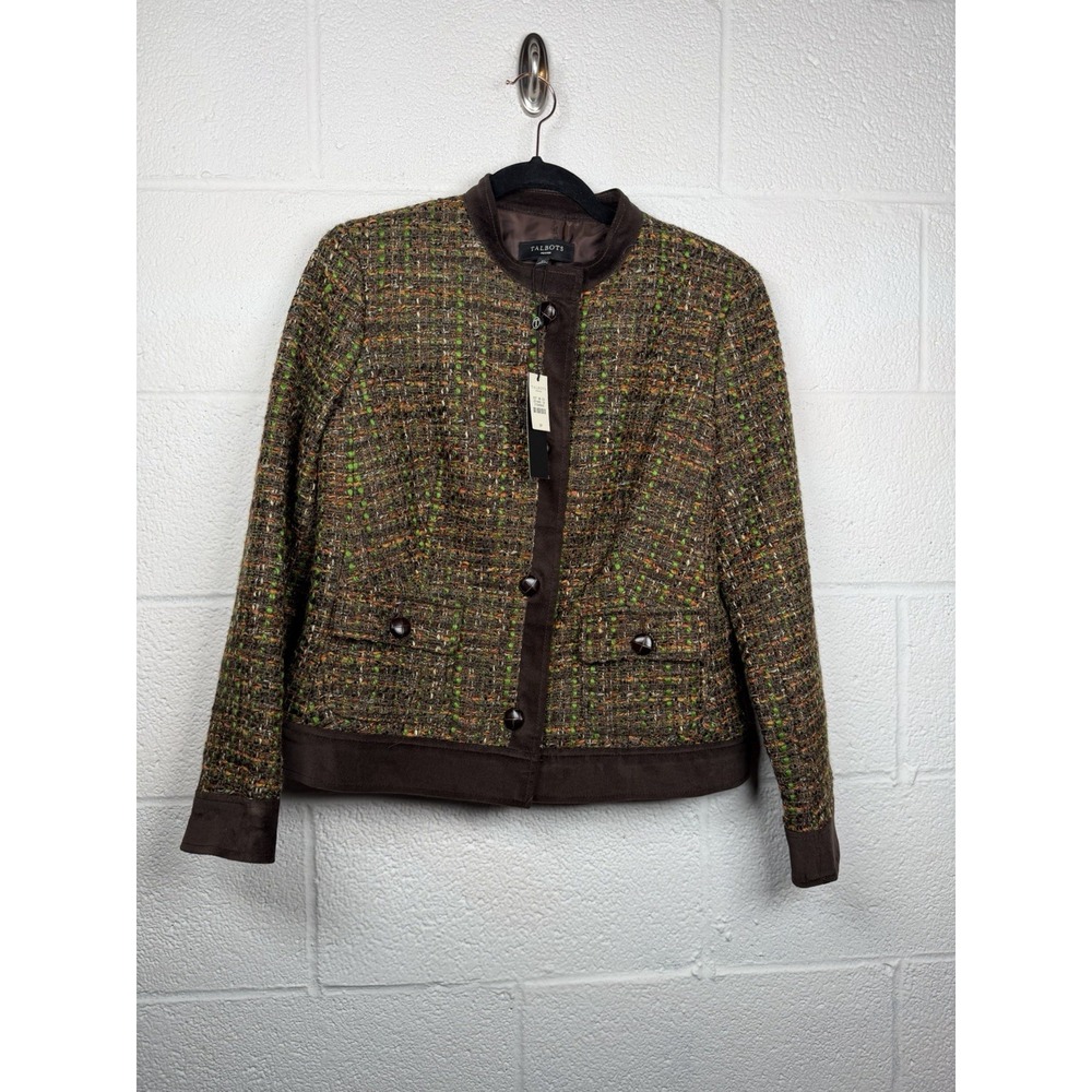 Talbots Petites 8P Tweed Jacket Brown Multicolor Button Front Blazer NWT